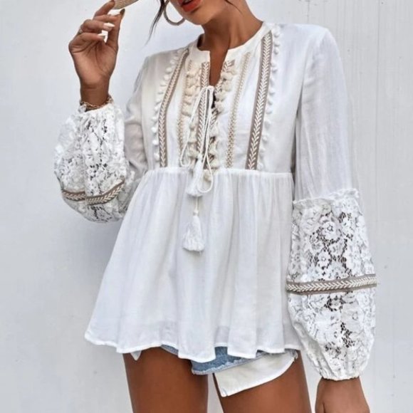 . Tops - Boho Tassel & lace Detail Peplum Blouse